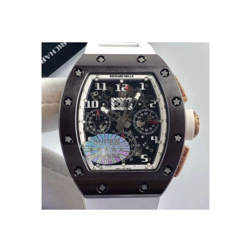 Richard Mille RM011 RG Case Chronograph KVF 1:1 Best Edition Black Ceramic Bezel Skeleton Dial on White Rubber Strap A7750 Richard Mille RM011 RG Case Chronograph KVF 1:1 Best Edition Black Ceramic Bezel Skeleton Dial on White Rubber Strap A7750