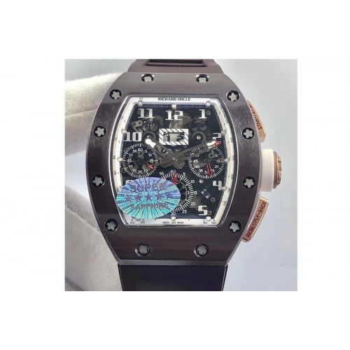 Richard Mille RM011 RG Case Chronograph KVF 1:1 Best Edition Black Ceramic Bezel Skeleton Dial on Black Rubber Strap A7750 Richard Mille RM011 RG Case Chronograph KVF 1:1 Best Edition Black Ceramic Bezel Skeleton Dial on Black Rubber Strap A7750