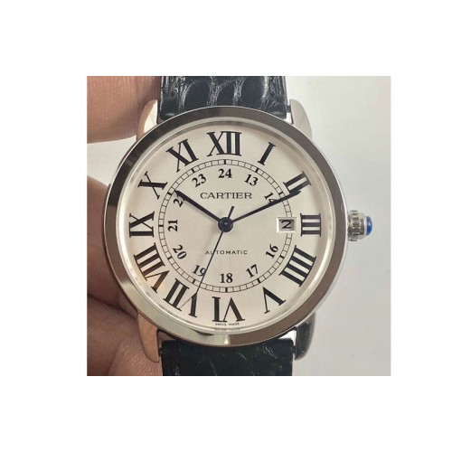 Ronde Solo de Cartier 42mm ZF 1:1 Best Edition White Dial on Black Leather Strap MIYOTA 9015 Ronde Solo de Cartier 42mm ZF 1:1 Best Edition White Dial on Black Leather Strap MIYOTA 9015