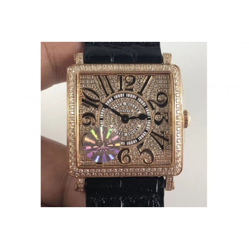 Master Square RG Ladies GF 1:1 Best Edition Full Paved Diamonds Dial on Black Leather Strap Swiss Quartz