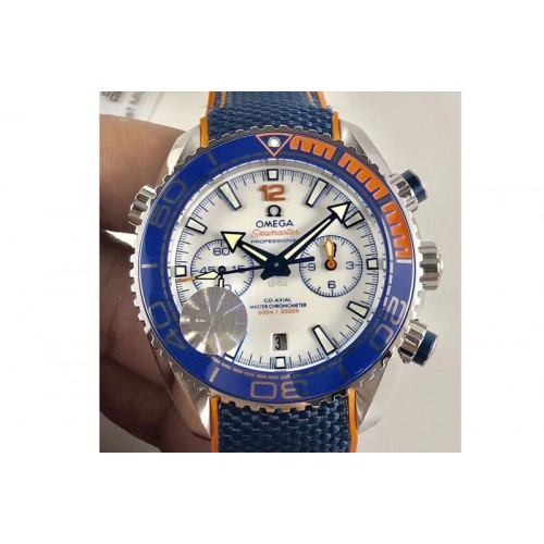 Omega Planet Ocean Master Chronometer Chrono SS OM 1:1 Best Edition White Dial Blue Ceramic Bezel on Nylon Strap A9900