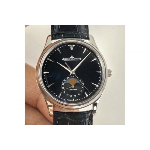 Jaeger-LeCoultre Master Ultra Thin Moon SS ZF 1:1 Best Edition Black Dial on Black Leather Strap A925