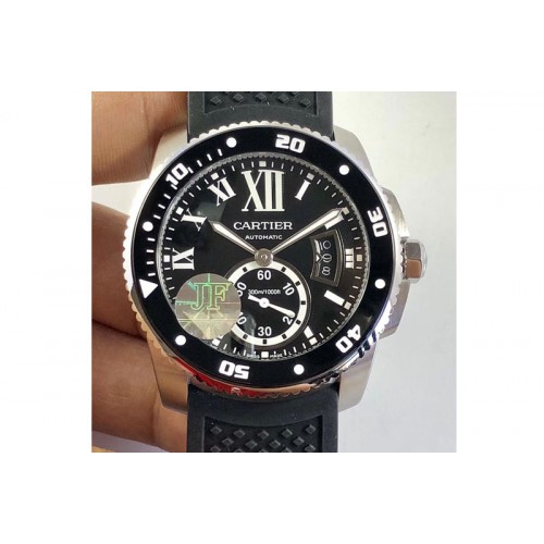 Calibre de Cartier W7100056 DLC JJF 1:1 Best Edition Black Dial on Black Rubber Strap 23J