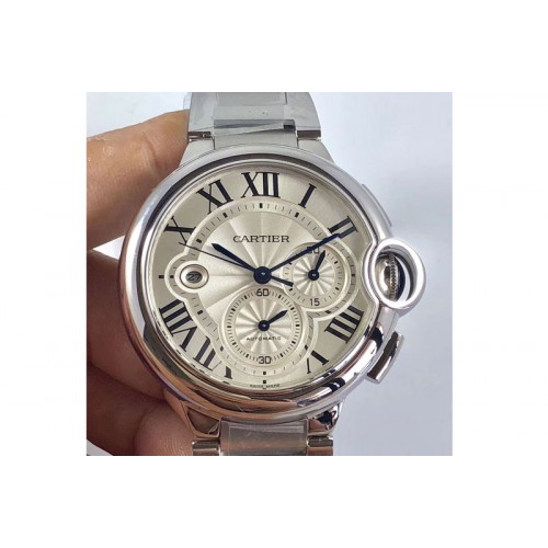 Ballon Bleu De Cartier Chrono 44mm SS White Textured Dial SS Bracelet A7750 to A8101