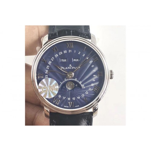 Blancpain Villeret 6654 SS Complicated Function OMF V2 1:1 Best Edition Black Dial on Blue Leather Strap A6654