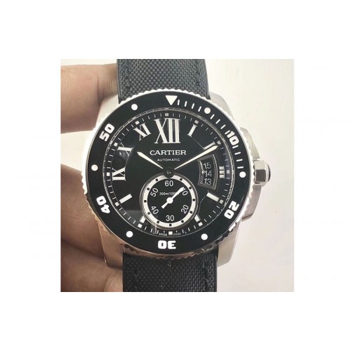 Calibre de Cartier Diver TF 1:1 Best Edition SS Black Dial on Nylon Strap 23J Movement