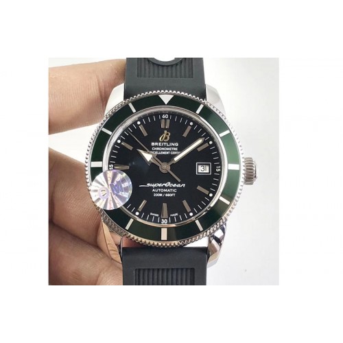 Breitling SuperOcean 42mm A17321 SS 1:1 Best Edition Black Dial Green Bezel on Black Rubber strap A2824