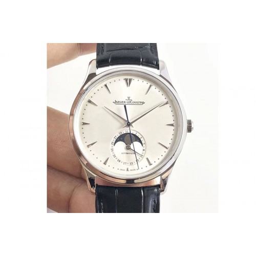Jaeger-LeCoultre Master Ultra Thin Moon SS ZF 1:1 Best Edition Silver Dial on Black Leather Strap A925