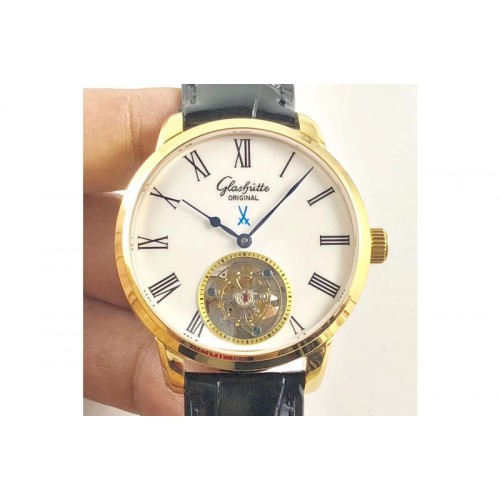 Glashutte Senator Meissen Tourbillon YG White Dial on Black Leather Strap