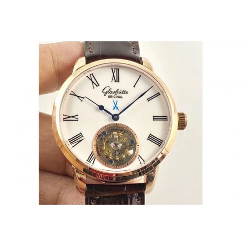 Glashutte Senator Meissen Tourbillon RG White Dial on Brown Leather Strap