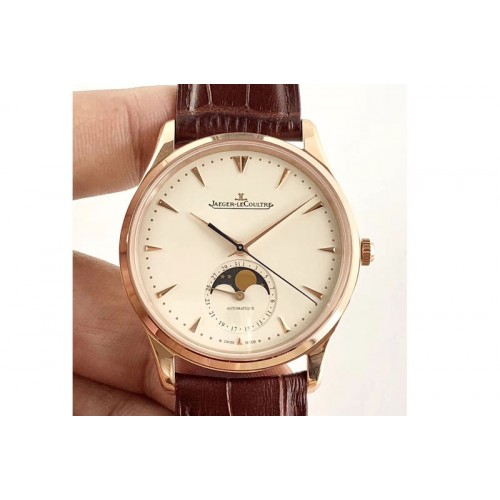 Jaeger-LeCoultre Master Ultra Thin Moon RG ZF 1:1 Best Edition Ivory White Dial on Black Leather Strap A925