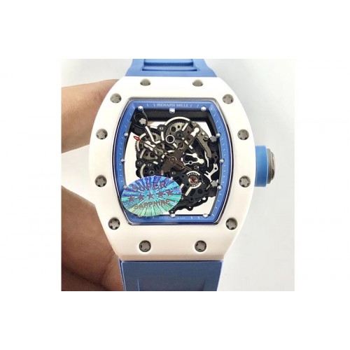 Richard Mille RM035-02 Real White Ceramic Case V2 KVF Best Edition Skeleton Dial Blue Crown on Blue Rubber Strap MIYOTA8215