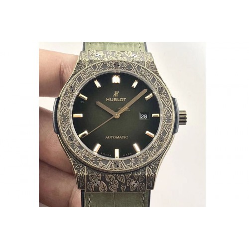 Hublot Classic Fusion 45mm YG Engravings Case SRF Best Edition Green dial On Green Gummy Strap A2892(Free box)