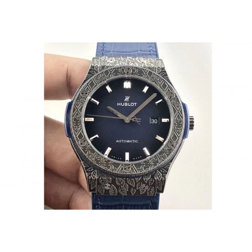 Hublot Classic Fusion 45mm SS Engravings Case SRF Best Edition Blue dial On Blue Gummy Strap A2892(Free box)