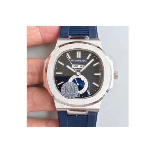 Patek Philippe Nautilus Moonphase SS V2 KMF Blue Dial On Blue Rubber Band Calendar Movement