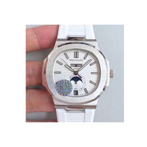 Patek Philippe Nautilus Moonphase SS V2 KMF White Dial On White Rubber Band Calendar Movement