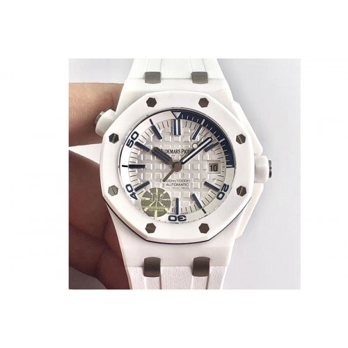 Audemars Piguet Royal Oak Offshore Diver White Real Ceramic 15707CE JF V2 1:1 Best Edition on Rubber Strap A3120