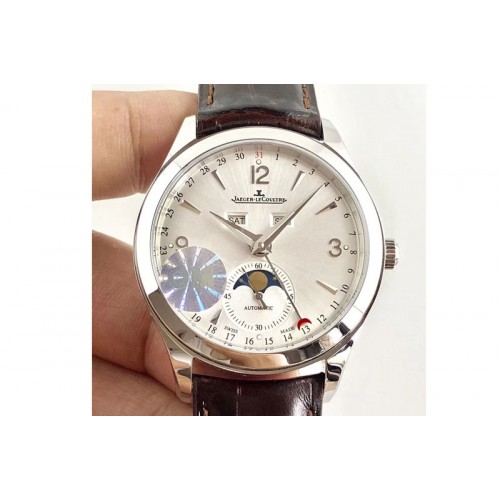 Jaeger-LeCoultre Master Calendar Moonphase SS OMF 1:1 Best Edition Silver Dial on Brown Leather Strap A866/1