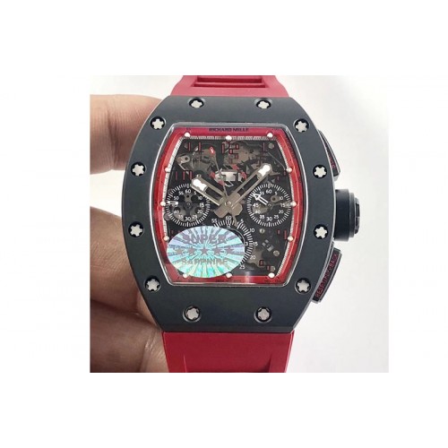 Richard Mille RM011 Carbon Case Chronograph KVF 1:1 Best Edition Ceramic Bezel Skeleton Dial on Red Rubber Strap A7750