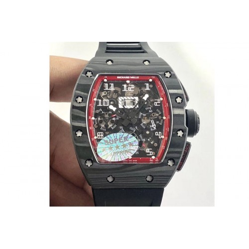 Richard Mille RM011 Carbon Case Chronograph KVF 1:1 Best Edition Carbon Case Bezel Skeleton Dial on Black Rubber Strap A7750