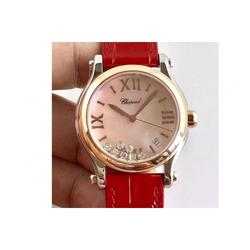 Chopard Happy Sport Medium Automatic 36mm 274808 RG/LE Mop Pink Dial Red Leather Strap Chopard Happy Sport Medium Automatic 36mm 274808 RG/LE Mop Pink Dial Red Leather Strap