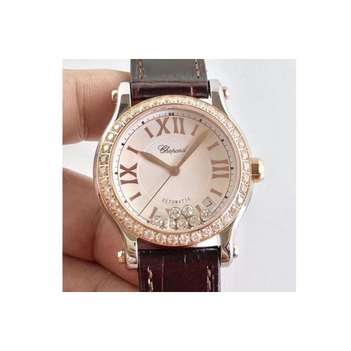 Chopard Happy Sport Medium Automatic 36mm 274808 RG/LE Diamond Bezel White Dial Brown Strap