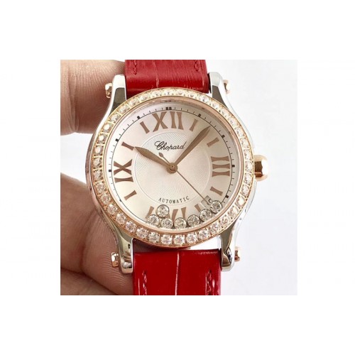 Chopard Happy Sport Medium Automatic 36mm 274808 RG/LE Diamond Bezel White Dial Red Leather Strap