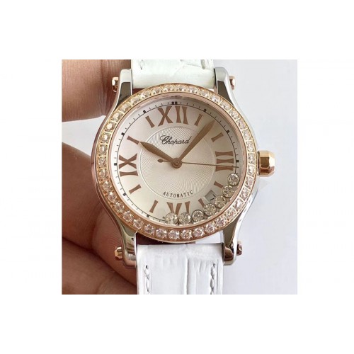 Chopard Happy Sport Medium Automatic 36mm 274808 RG/LE Diamond Bezel White Dial White Leather Strap