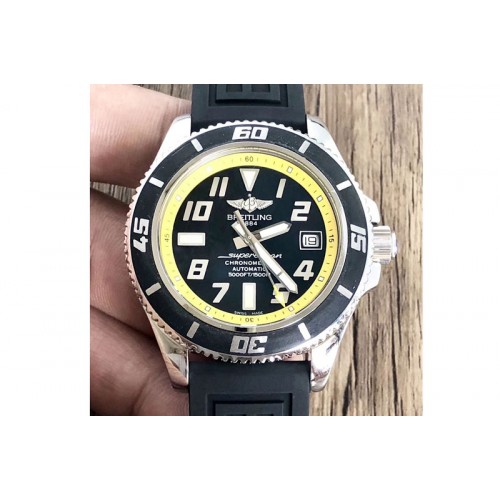 Breitling SuperOcean Abyss A17364 42mm ZF 1:1 Best Edition Black Dial Yellow Inner on Black rubber strap A2824