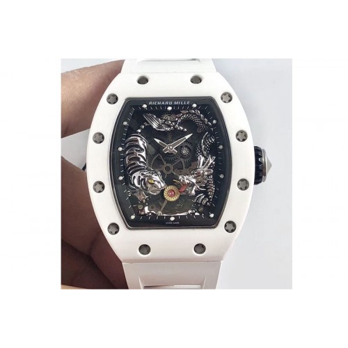 Richard Mille RM051 Real White Ceramic Case KVF Best Edition Skeleton Dial on White Rubber Strap MIYOTA8215