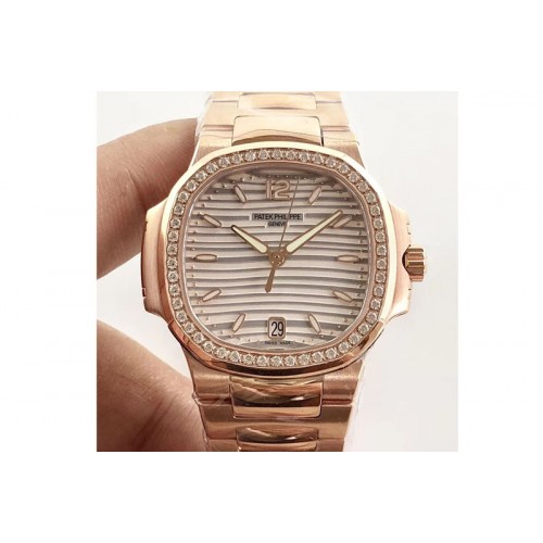 Patek Philippe Nautilus Jumbo 5711R RG PF 1:1 Best Edition White Textured Dial Diamonds Bezel on RG Bracelet A324 Clone