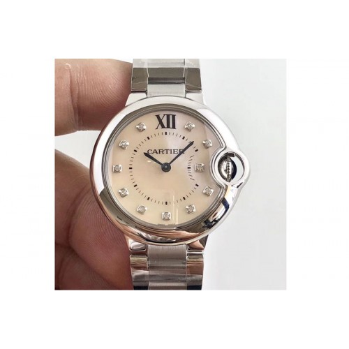 Cartier Ballon Bleu 33mm SS V6F 1:1 Best Edition Pink MOP Dial on SS Bracelet Quartz