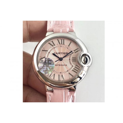 Cartier Ballon Bleu 33mm SS AF 1:1 Best Edition Pink Textured Dial on Leather Strap Automatic Watches