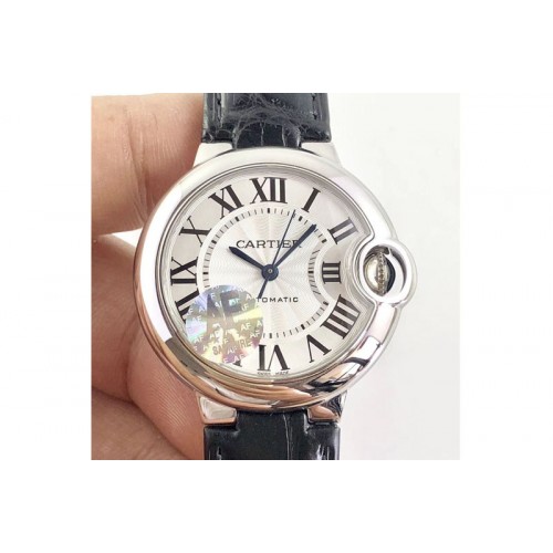 Cartier Ballon Bleu 33mm SS AF 1:1 Best Edition White Textured Dial on Leather Strap Automatic Watches