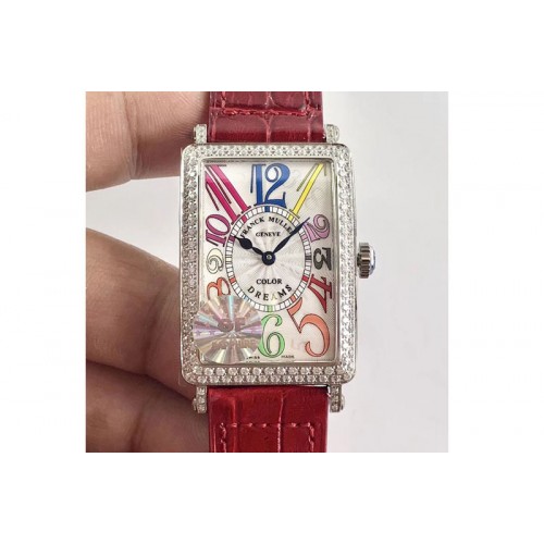 Franck Muller Long Island 952QZ SS GF 1:1 Best Edition White color numeral markers Crystal Bezel on Red Leather Strap Swiss Quar