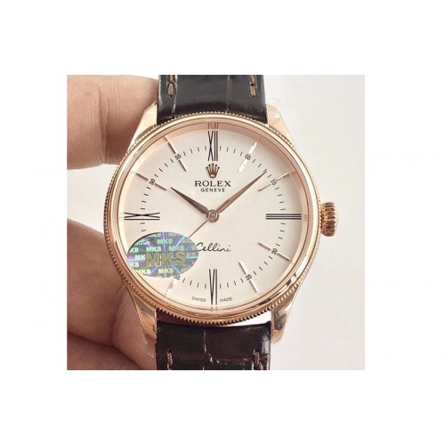 Rolex Cellini Time 50509 RG MKF V4 Best Edition White Dial Roman Marker on Brown Leather Strap A3132
