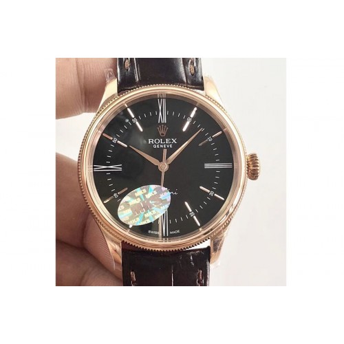 Rolex Cellini Time 50509 RG MKF V4 Best Edition Black Dial Roman Marker on Brown Leather Strap A3132