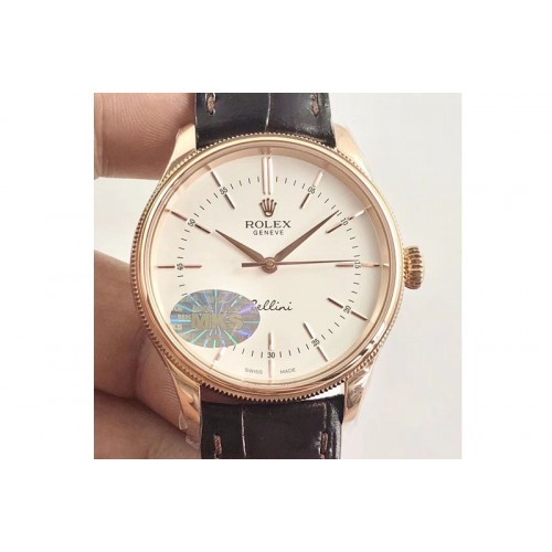 Rolex Cellini Time 50509 RG MKF V4 Best Edition White Dial Sticks Marker on Brown Leather Strap A3132