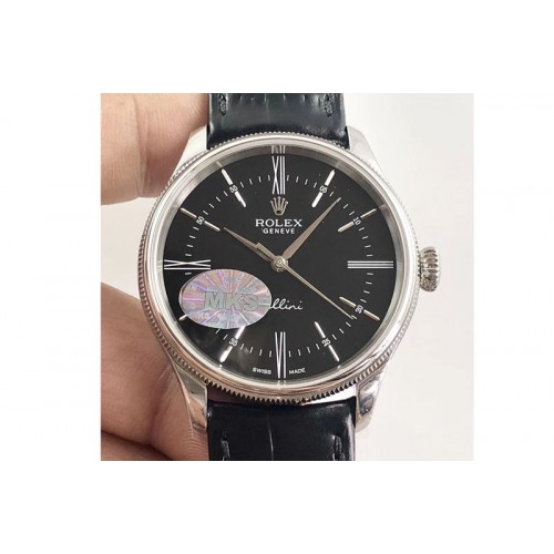 Rolex Cellini Time 50509 SS MKF V4 Best Edition Black Dial Roman Marker on Black Leather Strap A3132