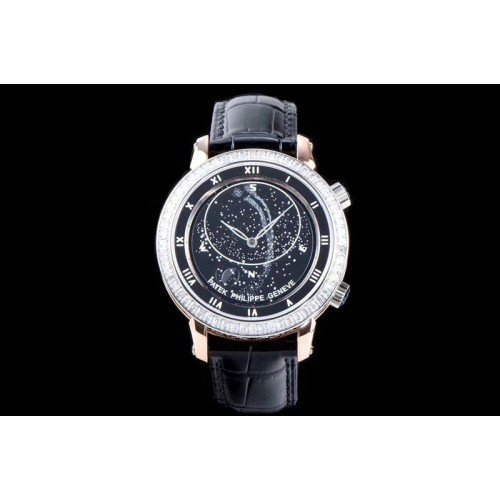 Patek Philippe 6104P Moon RG Black Dial Diamond Bezel on Black Leather Strap A240 V2 Patek Philippe 6104P Moon RG Black Dial Diamond Bezel on Black Leather Strap A240 V2
