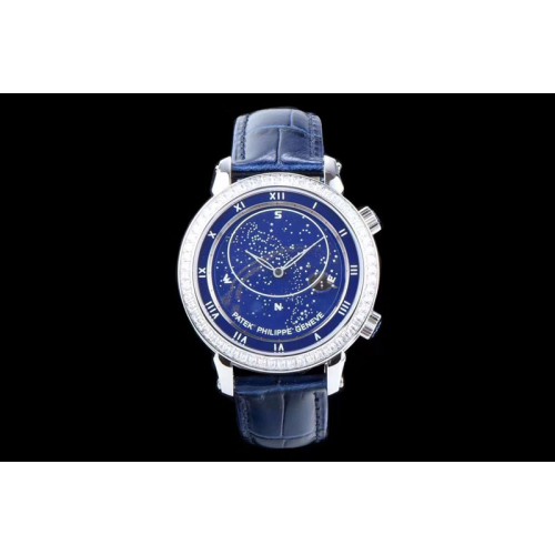 Patek Philippe 6104P Moon SS Blue Dial Diamond Bezel on Blue Leather Strap A240 V2 Patek Philippe 6104P Moon SS Blue Dial Diamond Bezel on Blue Leather Strap A240 V2