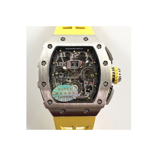 Richard Mille RM11-03 SS KVF 1:1 Best Edition Crystal Skeleton Dial on Yellow Racing Rubber Strap A7750