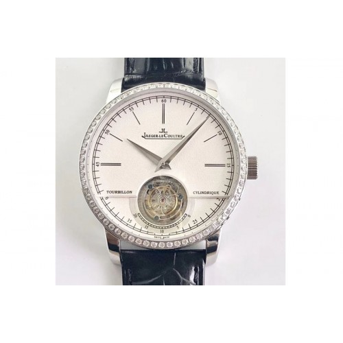 Jaeger-LeCoultre Master Ultra Thin Tourbillon R8 Factory SS Diamond Bezel Whtie Dial on Black Leather Strap Cal.982