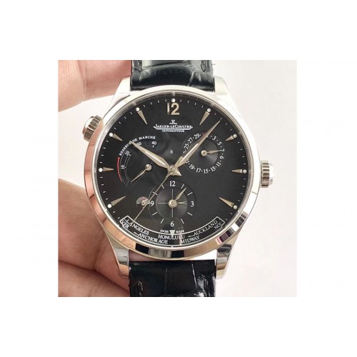 Jaeger-LeCoultre Master Geographic Real PR SS TW 1:1 Best Edition Black Dial on Black Leather Strap A939