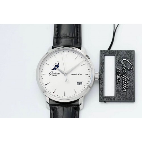Glashutte Excellence Panorama Date Moon Phase SS ETC Marker 1:1 Best Edition White Dial on Black Leather Strap A100