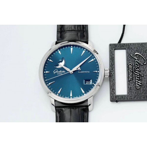 Glashutte Excellence Panorama Date Moon Phase SS ETC Marker 1:1 Best Edition Blue Dial on Black Leather Strap A100