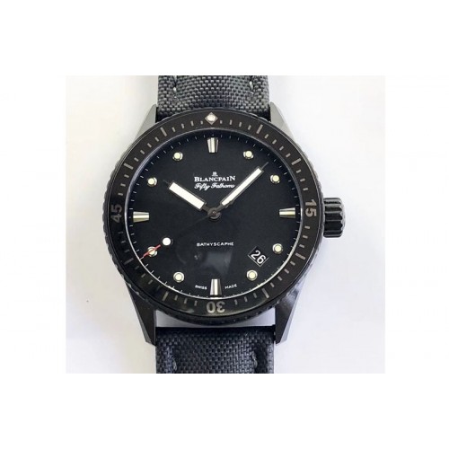 Blancpain Fifty Fathoms Bathyscaphe DLC ZF 11 Best Edition Black Dial on Black Sail-Canvas Strap A1315 (Free Rubber Strap)