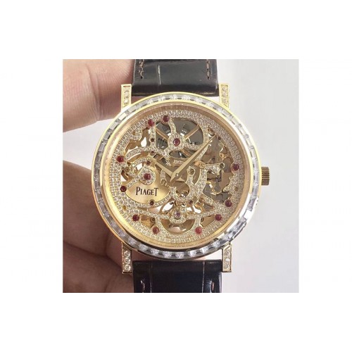 Piaget Tradition YG BBR Best Edition Diamond Paved Skeleton Dial on Black Leather Strap A23J