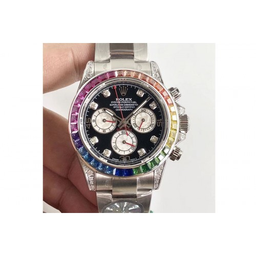 Rolex Daytona 116509 Rainbow SS BLF Best Edition Black dial On SS Bracelet A4130