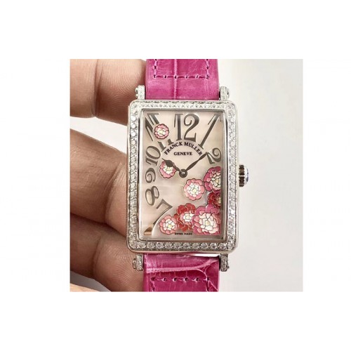 Franck Muller Long Island Ladies SS White MOP Dial Diamonds Bezel on Pink Leather Strap Jap Quartz